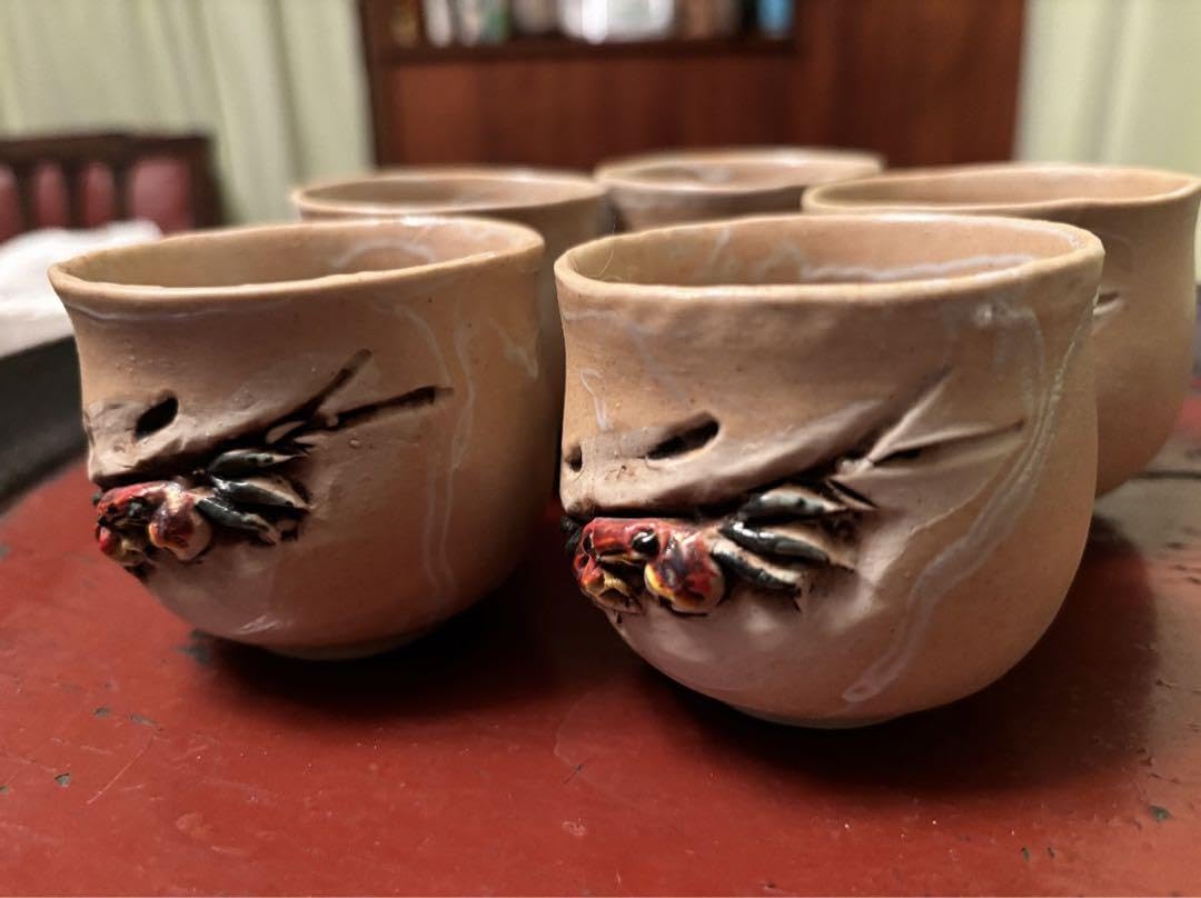 寿水湯呑み5客セット水月天神蟹彫楽山砥部焼蟹茶道具二六